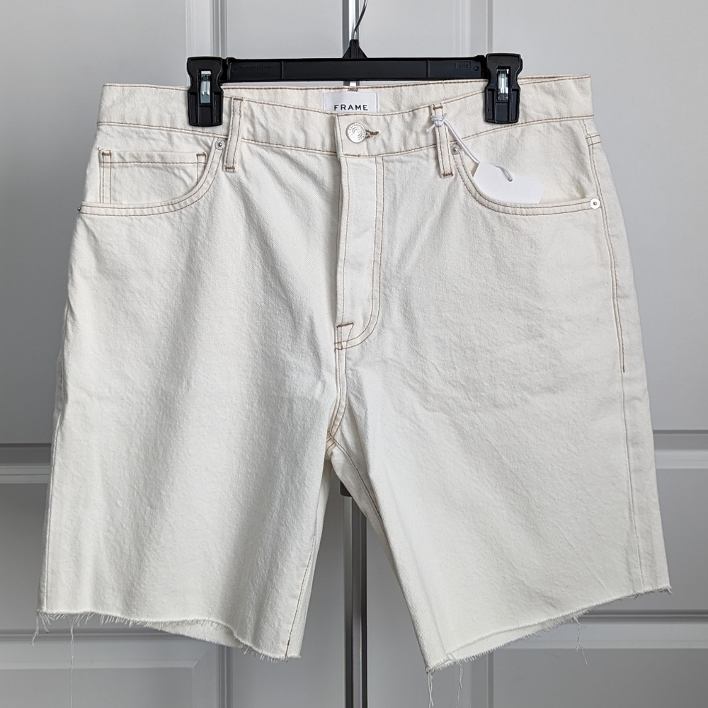Frame Denim Shorts Le Slouch Bermuda Length Raw Cut Hem Loose Fit Ecru 29 NWT